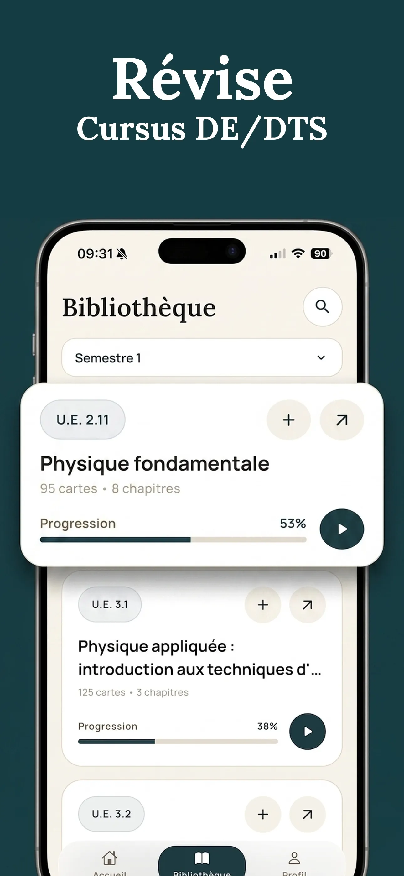 Écran Bibliothèque de l'app : révise tout le cursus DE / DTS, organisé par UE.