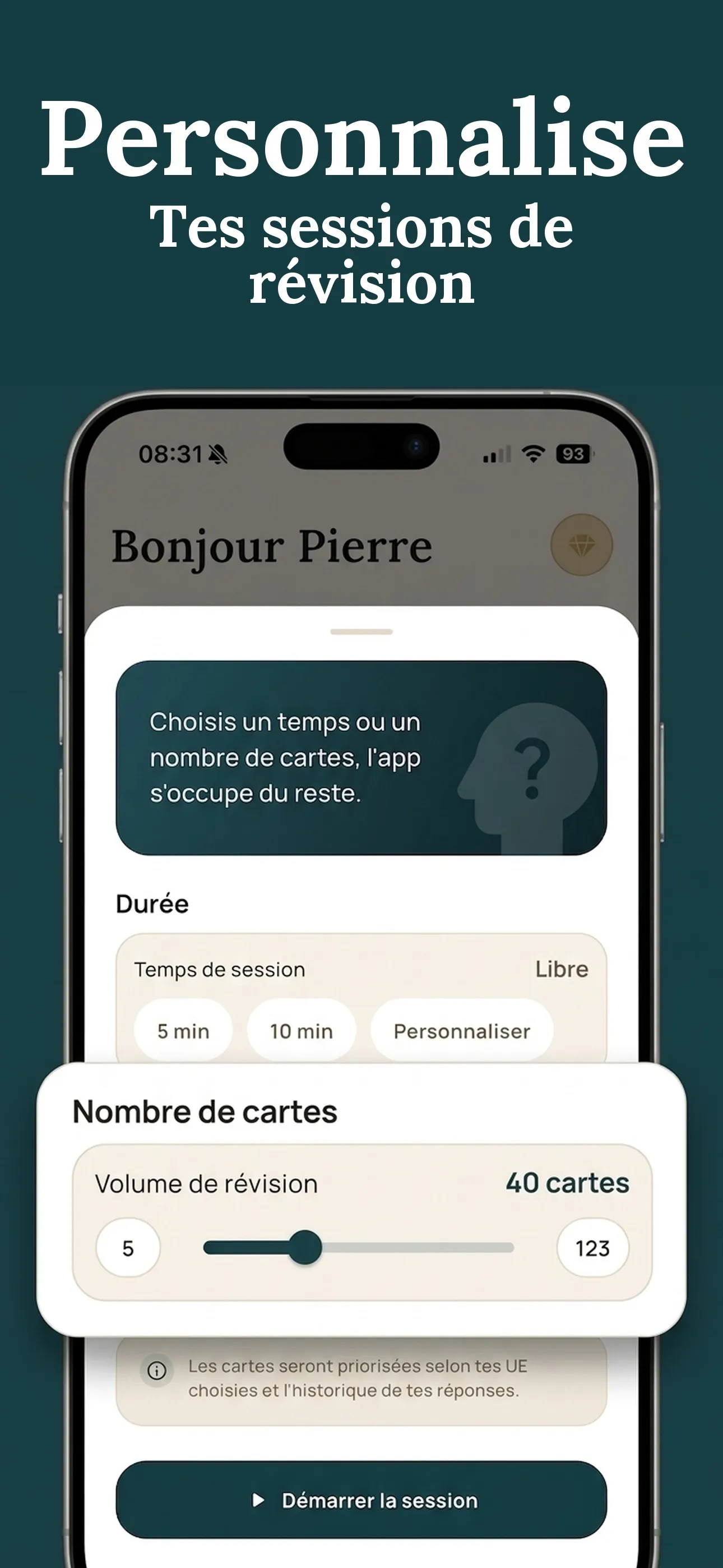 Personnalise tes sessions de révision : durée libre ou nombre de cartes.